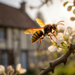 Frelon asiatique posé sur une branche de pommier en fleurs au printemps 2026 dans un verger du Pays d'Auge en Normandie