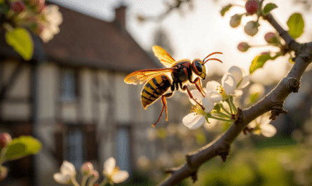 Frelon asiatique posé sur une branche de pommier en fleurs au printemps 2026 dans un verger du Pays d'Auge en Normandie