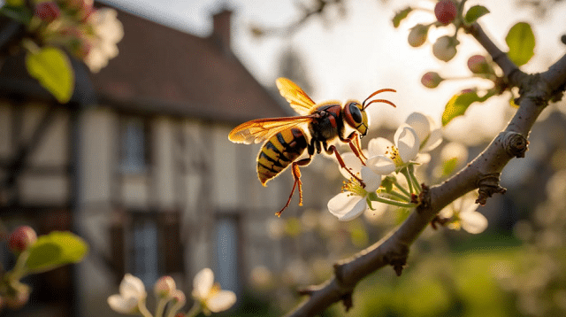 Frelon asiatique posé sur une branche de pommier en fleurs au printemps 2026 dans un verger du Pays d'Auge en Normandie