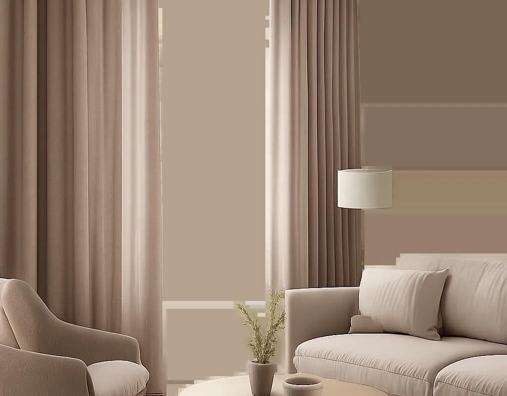 Un rideau premium dans un salon lumineux illustre le confort d’été et la maîtrise de la lumière. L’ensemble évoque une pièce de vie plus fraîche, calme et harmonieuse.