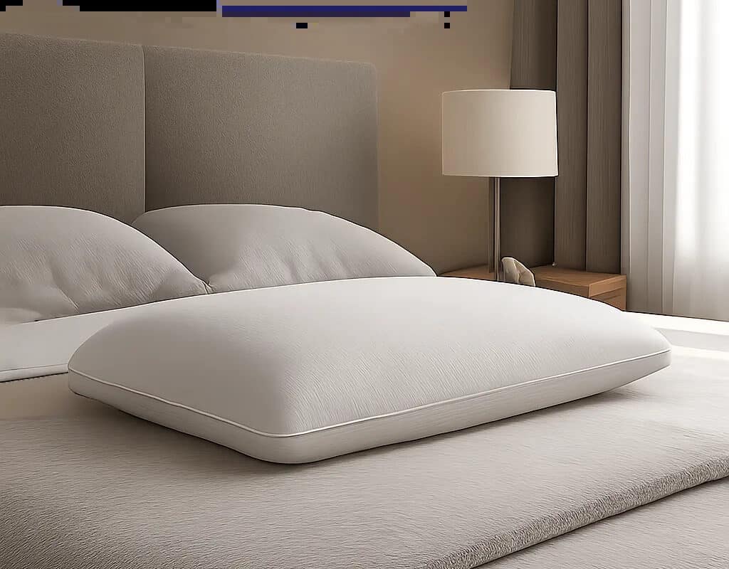 Illustration d’un oreiller discret et souple pensé pour les dormeurs sur le ventre. L’image met en avant une approche premium du confort et du soutien cervical.