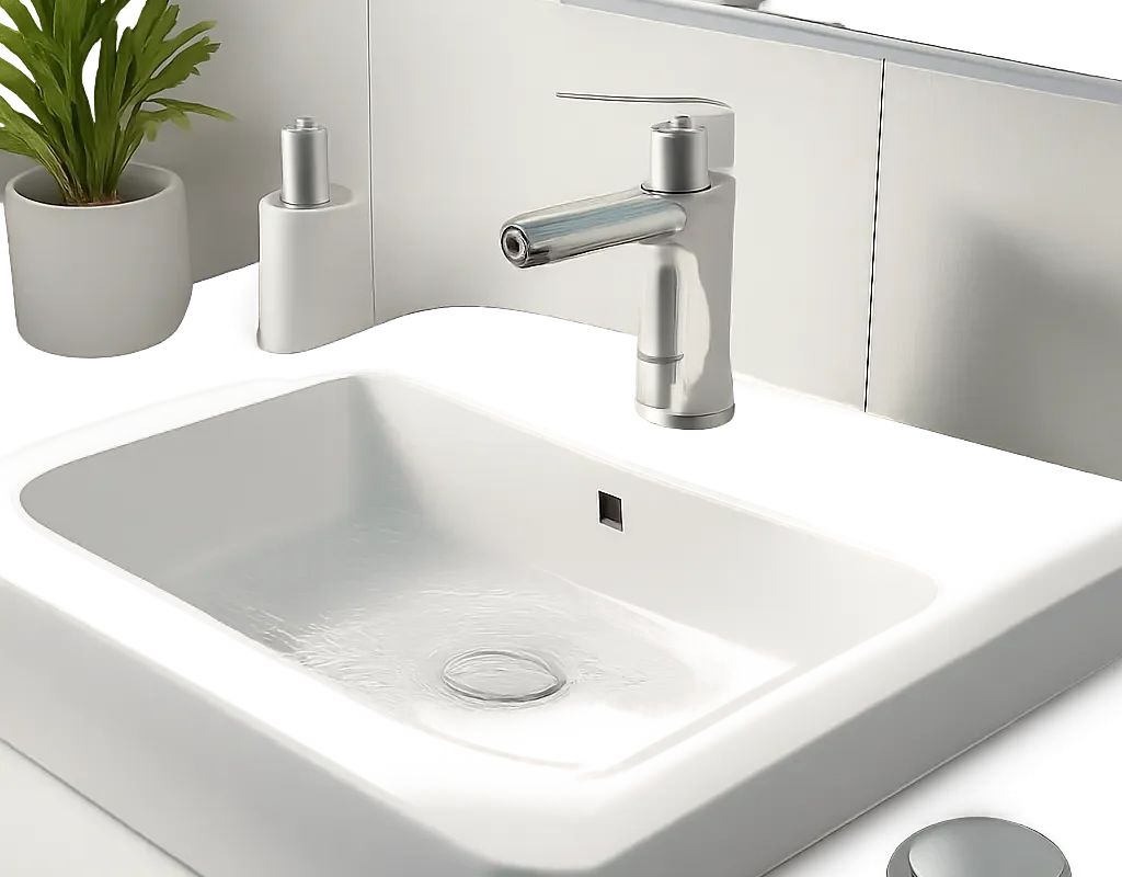 Illustration d’un lavabo de salle de bain propre avec un bouchon adapté posé à proximité. L’image évoque l’hygiène, l’étanchéité et la prévention des bouchons au quotidien.