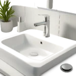 Illustration d’un lavabo de salle de bain propre avec un bouchon adapté posé à proximité. L’image évoque l’hygiène, l’étanchéité et la prévention des bouchons au quotidien.