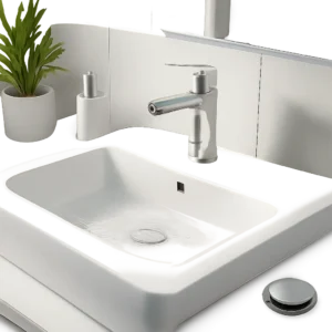 Illustration d’un lavabo de salle de bain propre avec un bouchon adapté posé à proximité. L’image évoque l’hygiène, l’étanchéité et la prévention des bouchons au quotidien.