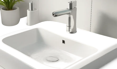 Illustration d’un lavabo de salle de bain propre avec un bouchon adapté posé à proximité. L’image évoque l’hygiène, l’étanchéité et la prévention des bouchons au quotidien.