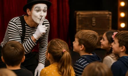 Personnage de mime interagissant sans paroles avec des enfants fascinés pendant un spectacle destiné au jeune public