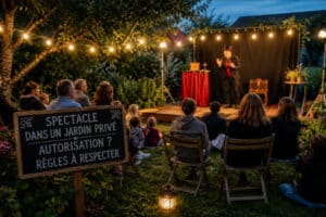 Spectacle organisé dans un jardin privé avec un artiste sur une petite scène devant un public familial réuni en extérieur au crépuscule