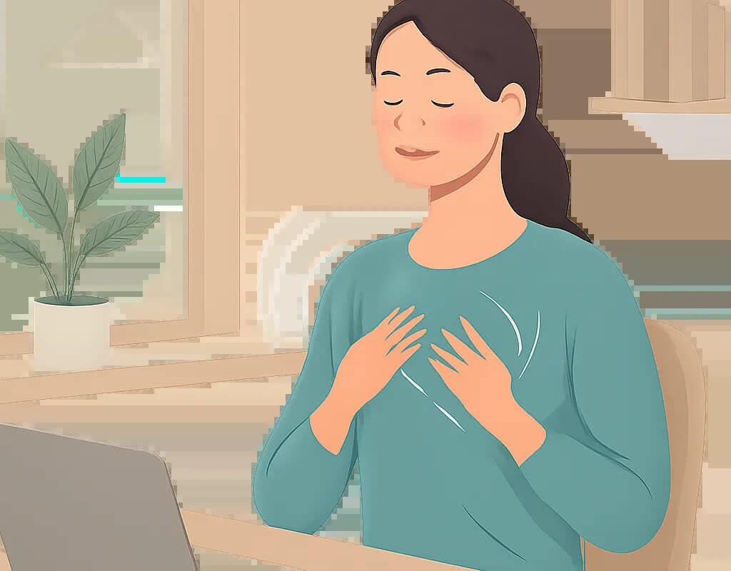 Illustration moderne d’une personne pratiquant la cohérence cardiaque dans un cadre apaisant. L’image évoque la gestion du stress, le retour au calme et la récupération active.