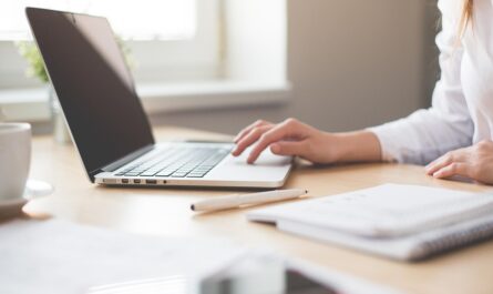Femme travaillant sur ordinateur portable avec stylo et cahier à côté