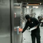A man inspects equipment in a modern factory
